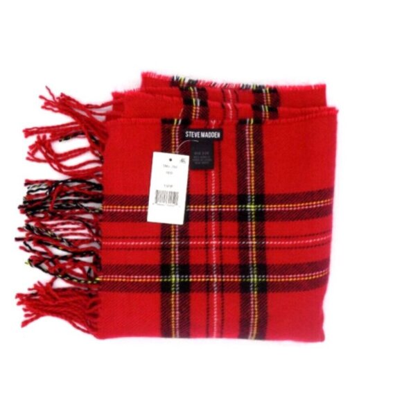 Steve Madden Classic Tartan Blanket Scarf Red Black Yellow Fringe Soft - Picture 2 of 6